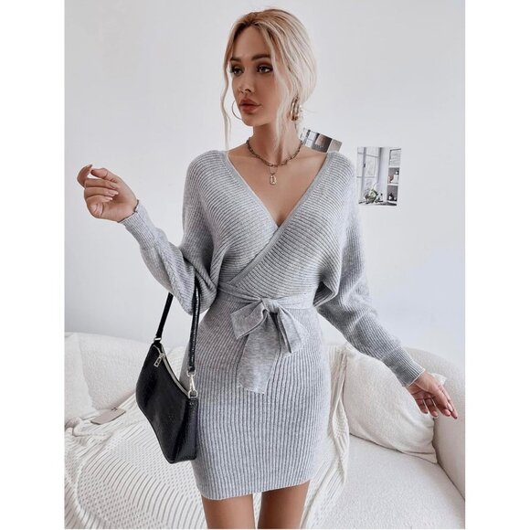 Womens Gray Batwing Sleeve Wrap Sweater Dress Belted Cutout Back size Large - Picture 3 of 15